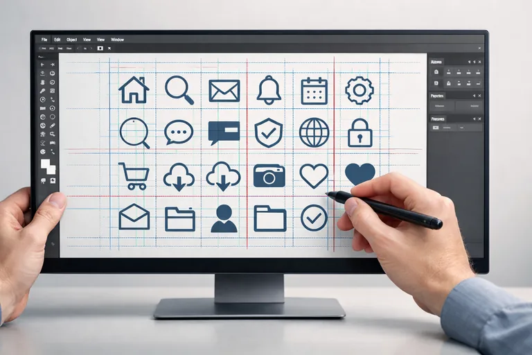 Izgara ve kılavuzlarla hizalanmış ikon parçalarının aynı stroke kalınlığında tutarlı görünmesi