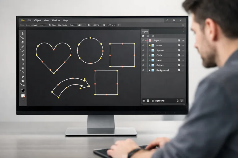 Outline Stroke sonrası birleşim noktaları kontrol edilen, düzenli katman adlarıyla organize edilmiş ikon çalışması