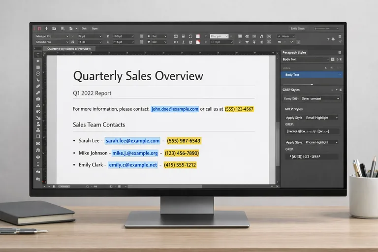 GREP styles ile desen bazlı otomasyon kurmak GREP styles ile e-posta ve telefon desenlerinin otomatik biçimlendirildiği tipografik düzen örneği