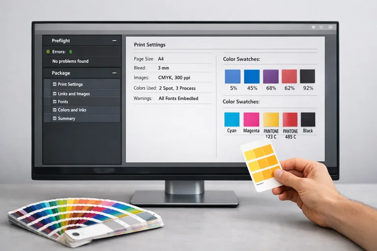 Renk örnekleri panelinde CMYK ve spot renklerin ayrıştırıldığı, baskı öncesi kontrol yapılan düzen