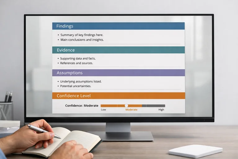 Ekranda yapılandırılmış analiz çıktısı, bulgu kanıt varsayım bölümleriyle ayrılmış ve denetlenebilir biçimde sunulur