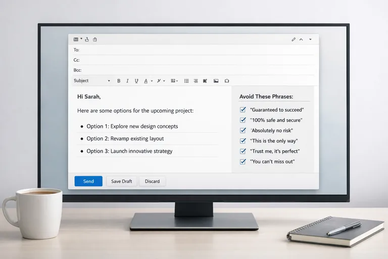 Dizüstü bilgisayarda e-posta taslağı, seçenekli cümleler ve riskli ifadeler listesiyle birlikte hazırlanmış olarak görünür