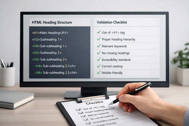HTML yapı kontrolüyle hataları yakalama akışı Dizüstü bilgisayar ekranında HTML başlık yapısı ve kontrol listesi yan yana açık, notlar alınmış halde duruyor