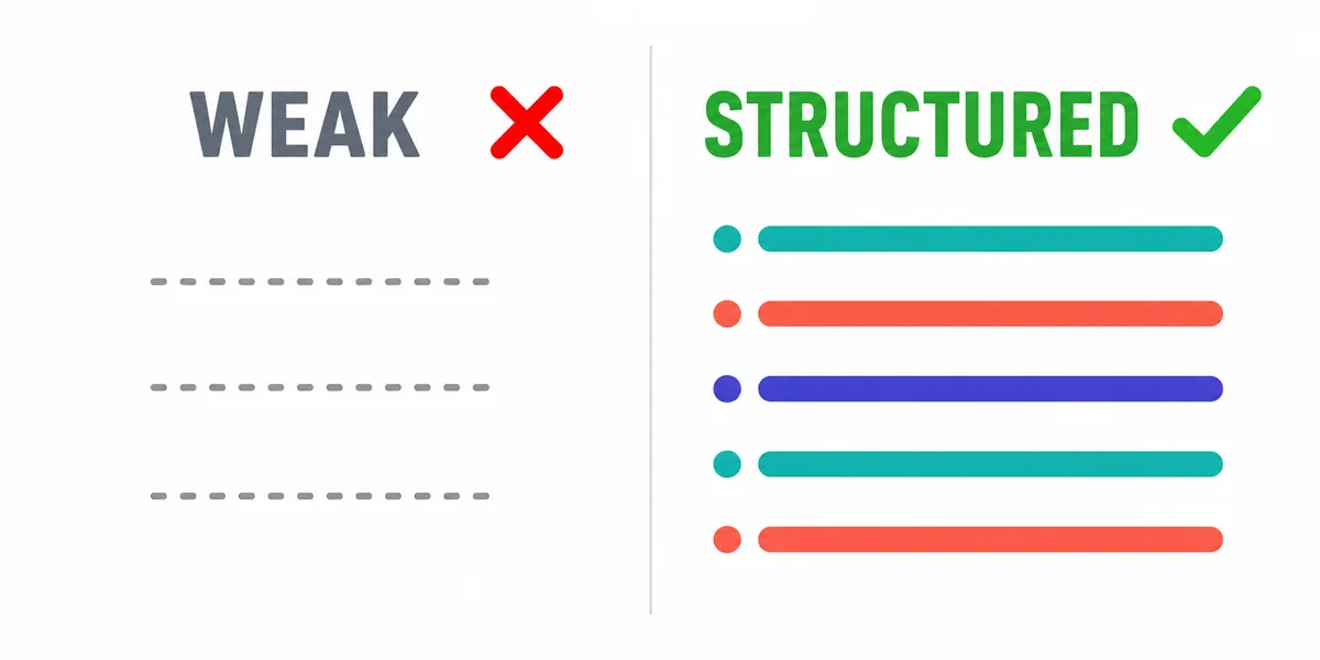 Şablonlu ve şablonsuz prompt çıktı kıyas tablosu Zayıf prompt ile şablonlu prompt çıktısının yan yana kırmızı X yeşil tik ile karşılaştırıldığı tablo görünümü