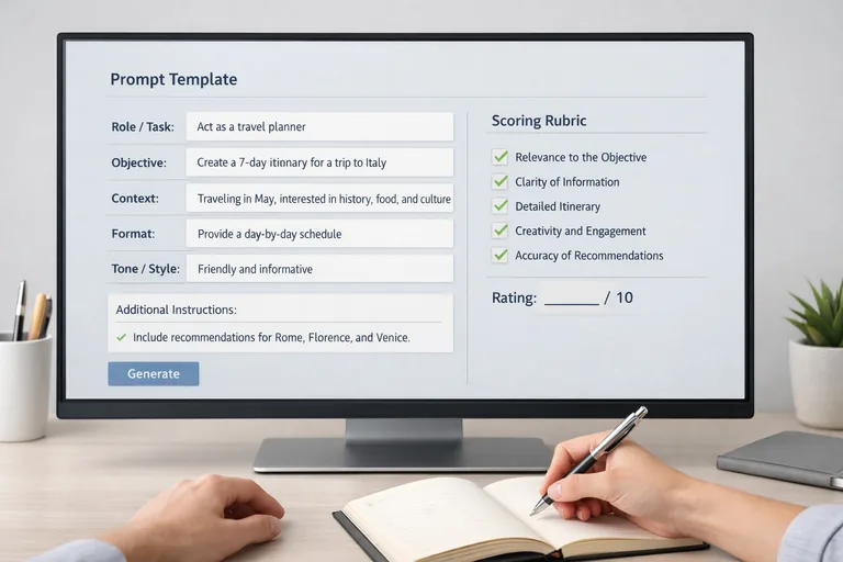 Laptop ekranında prompt şablonu, yanında kontrol listesi ve değerlendirme puanları yer alıyor
