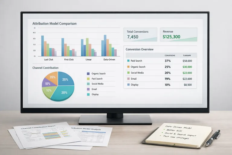 Bir masa üzerinde kanal katkılarını gösteren rapor çıktıları, kalem ve not kağıtlarıyla karar notları