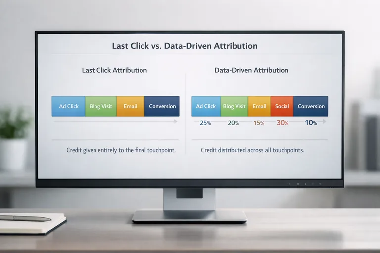Modelleri yan yana raporlamak Ekranda last click ve data-driven sonuçlarını yan yana gösteren iki grafik ve altında kısa yorum satırları
