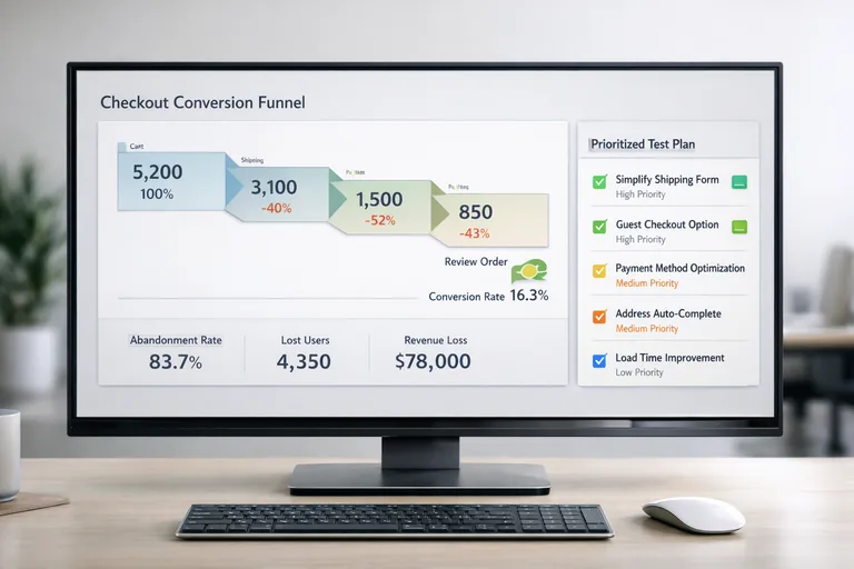 Checkout kayıplarını test döngüsüyle azaltmak Funnel raporunda checkout adımlarına göre düşüşleri gösteren grafik ve yanında test planı listesi olan ekran