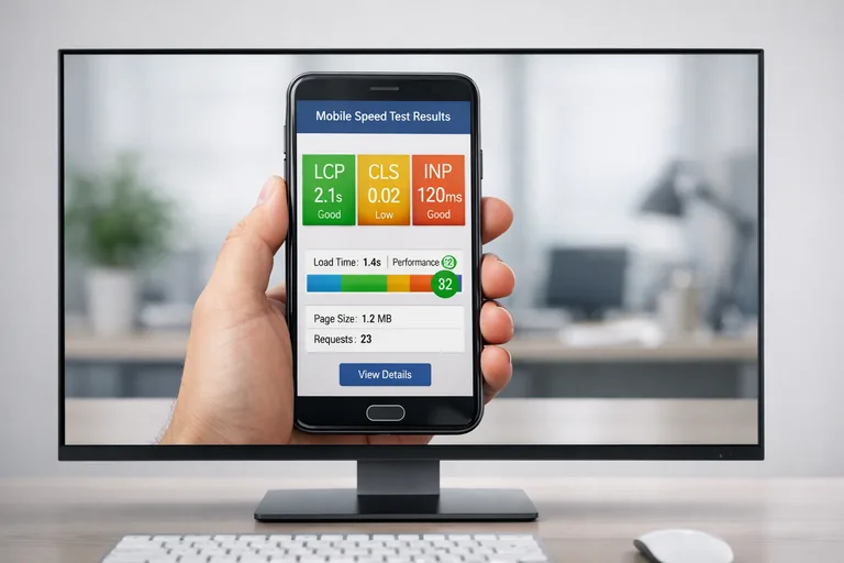 Mobil performans sonuçlarını incelemek Mobil cihaz üzerinde hız testi sonucu ve LCP CLS INP değerleri detaylı şekilde görüntüleniyor