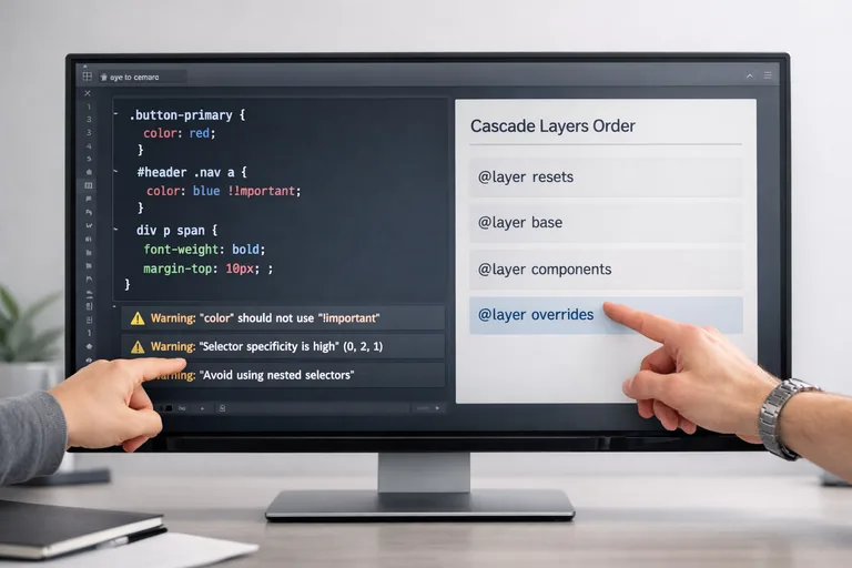 Stylelint ve kod incelemesiyle erken hata yakalama Kod incelemesinde specificity uyarıları, stylelint raporu ve sade sınıf tabanlı seçim örnekleri