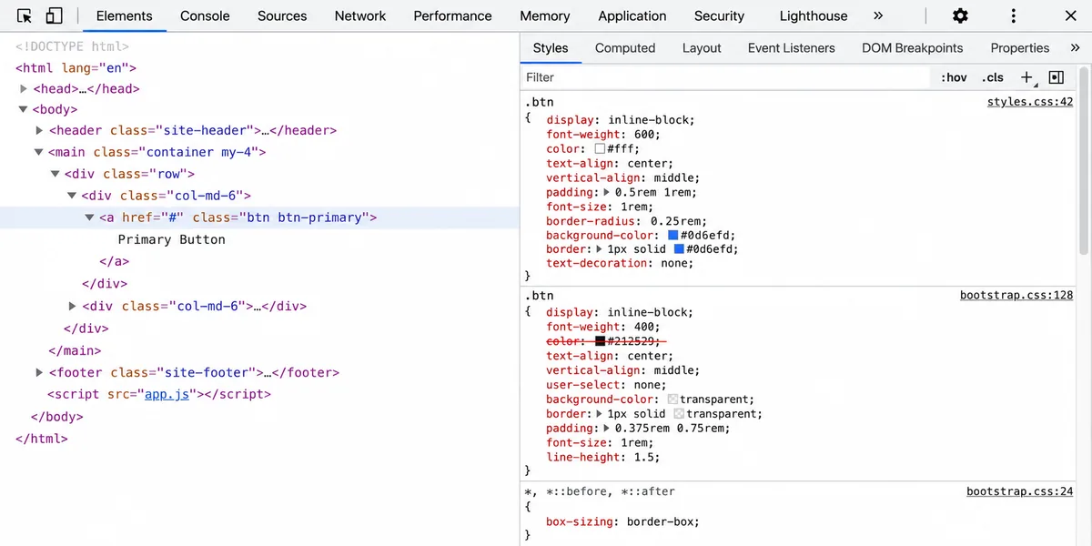 Chrome DevTools Styles paneli ezilmiş kural görünümü Chrome DevTools Styles paneli ezilmiş üstü çizgili CSS kuralları ve daha spesifik kuralın uygulanmış halde gösterildiği inspector görünümü