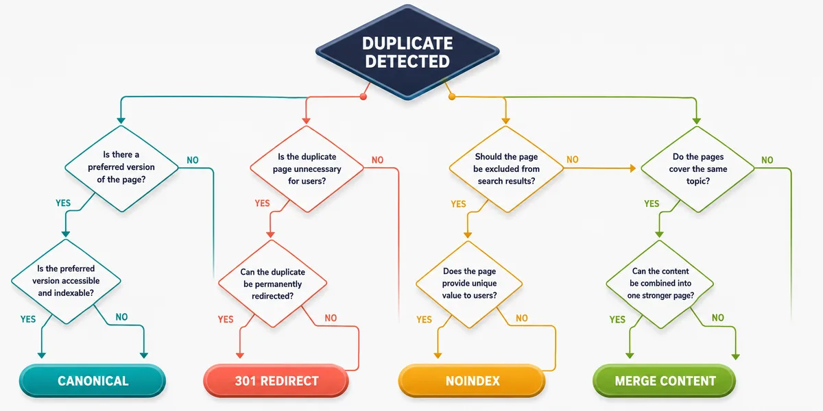 Duplicate content çözüm karar ağacı akış diyagramı Karar ağacı akış diyagramı canonical 301 redirect noindex ve içerik birleştirme dört çözüm dalı evet hayır soru düğümleriyle bağlı