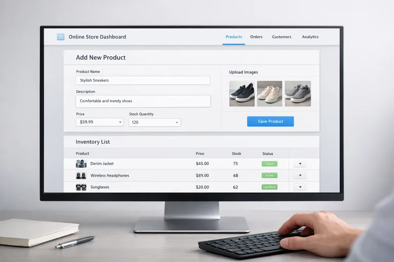 Online mağaza yönetim panelinde ürün ekleme ekranını kullanan girişimci ve açık laptop ekranı