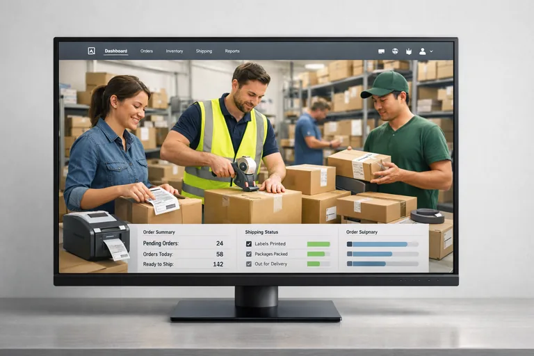 Depoda paketlenen sipariş kutuları, barkod okuyucu kullanan çalışan ve sevkiyat hazırlığı yapan ekip