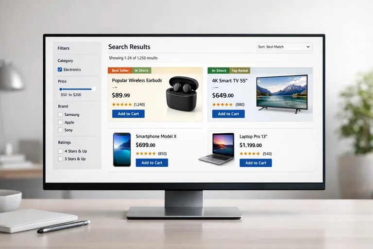 Arama sonuç ekranında en üstte stokta olan ve çok satan ürünler, yan panelde filtre seçenekleri yer alıyor
