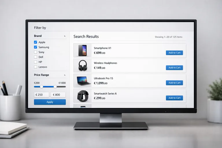 Arama sonuç sayfasında dinamik filtre paneli, marka ve fiyat aralığı seçenekleri kullanıcı tarafından daraltılıyor