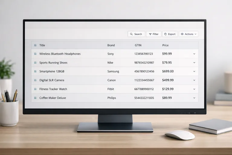 Başlık ve attribute standardını birlikte kurgulamak Bir tabloda ürün başlığı, marka, GTIN ve fiyat alanlarının yan yana standartlaştırıldığı bir veri görünümü