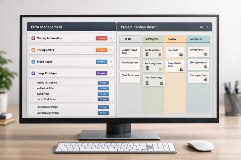 Hata türlerini sınıflandırıp kalıcı çözüm üretmek Bir ekranda hata türlerine göre filtrelenmiş uyarı listesi ve yanında düzeltme görevleri panosu yer alıyor