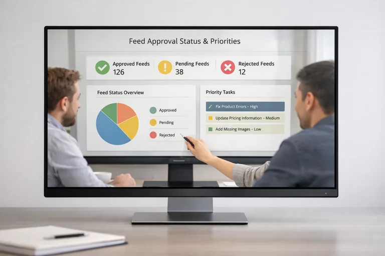Feed yönetimini ekip içinde ortak süreç haline getirmek Bir toplantıda ekip üyeleri ekran paylaşımıyla ürün feed akışını ve onay durumlarını birlikte değerlendiriyor
