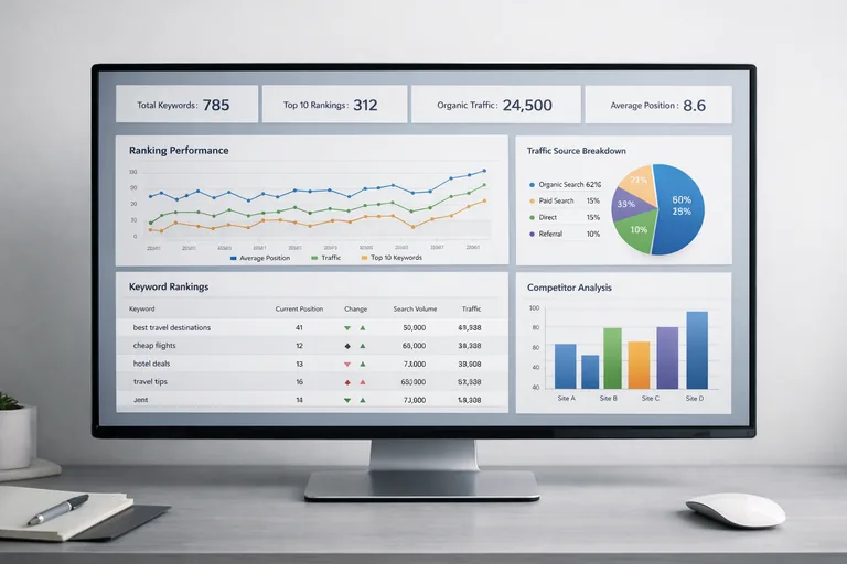 SEO analizi yapan bir uzman ekranında arama motoru sıralama verilerini inceleyerek strateji planlıyor