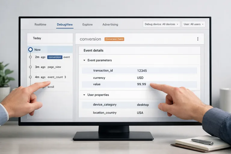Bir kişi GA4 DebugView ekranında conversion event akışını ve parametre alanlarını kontrol ederek doğrulama yapıyor