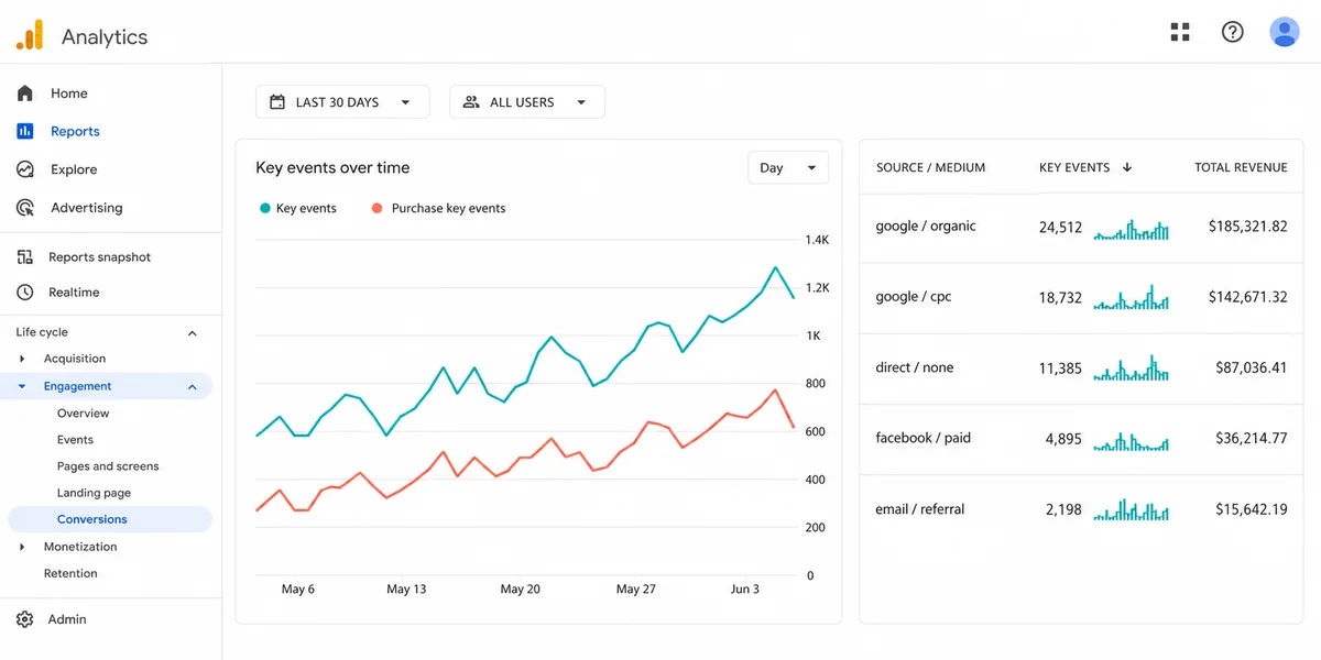 GA4 Engagement Conversions raporu çizgi grafik tablo GA4 Reports Engagement Conversions paneli ekran görüntüsü key event çizgi grafiği ve kanal bazlı conversion sayıları tablosu organic search direct paid satırları