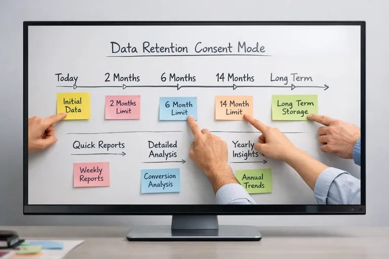 Bir beyaz tahtada veri saklama süresi kararlarını ve raporlama ihtiyaçlarını gösteren zaman çizelgesi yer alıyor