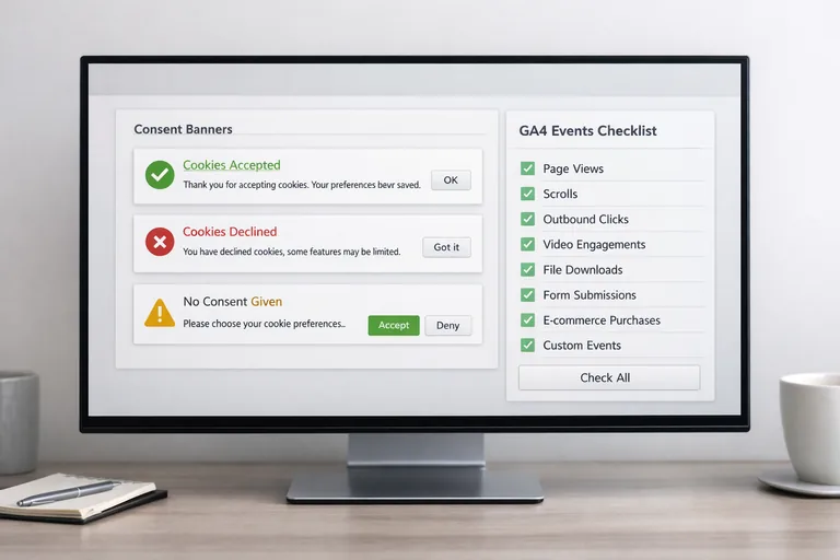 Dizüstü bilgisayarda izin banner senaryoları test edilirken yan tarafta event akışı kontrol listesi bulunuyor