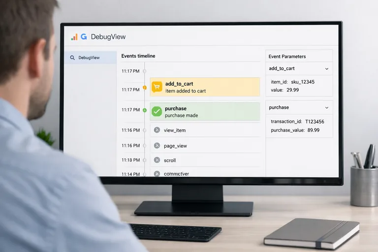 DebugView ile event kontrolü yapmak GA4 DebugView ekranında purchase ve add_to_cart eventleri zaman çizelgesinde görünüyor