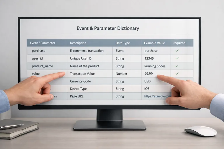 Bir tabloda event isimleri, parametreler, veri tipleri ve örnek değerler düzenli biçimde listelenmiş
