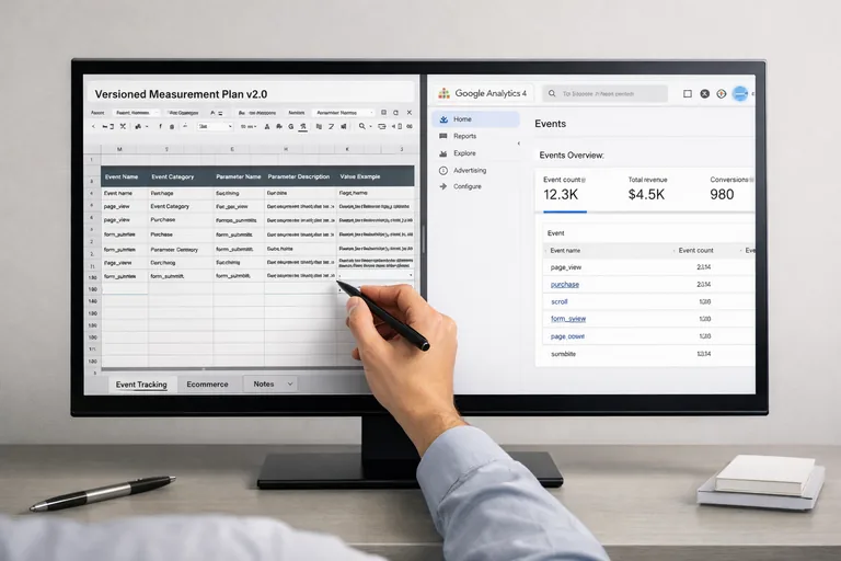 Bir ekip üyesi ölçüm planı dokümanında versiyon notlarını güncelliyor, yanında GA4 arayüzü açık