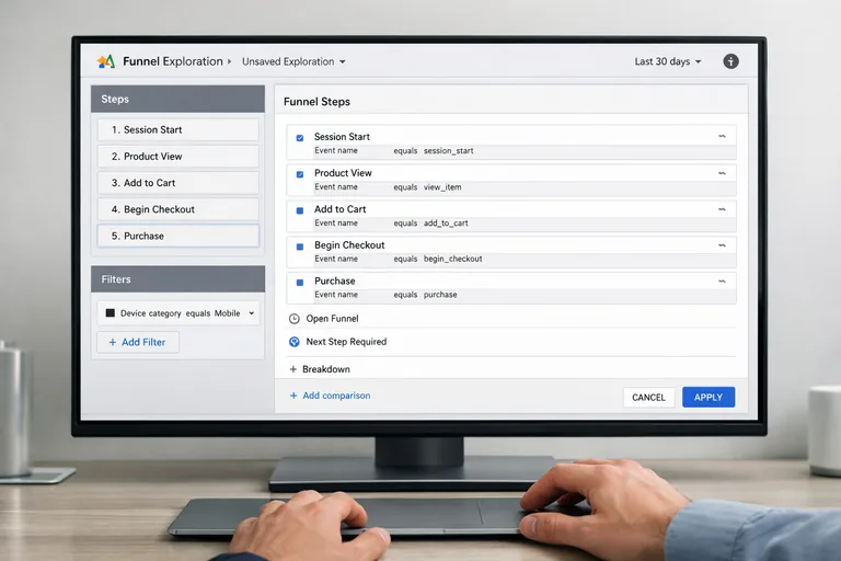 GA4 Explore ekranında funnel adımları seçilirken event listesi ve filtre paneli açık görünüyor