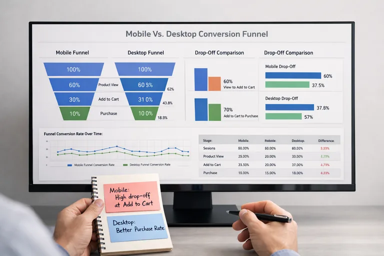 Bir pazarlama uzmanı funnel kayıp oranlarını not alarak mobil ve masaüstü segmentlerini karşılaştırıyor