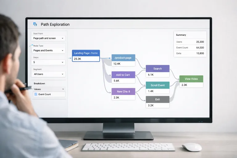 Event ve sayfa akışını birlikte incelemek Bir kişi GA4 Explore ekranında event düğümleriyle sayfa düğümlerinin birlikte olduğu akışı inceliyor