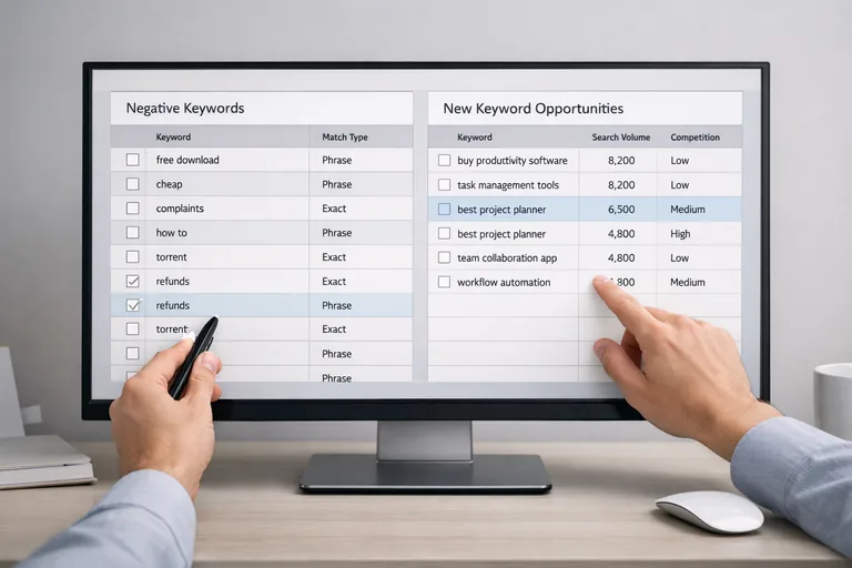 Negatif ve yeni anahtar kelime listesini birlikte yönetmek Bir çalışma ekranında negatif kelime listesi ve yeni anahtar kelime önerileri aynı tabloda düzenleniyor