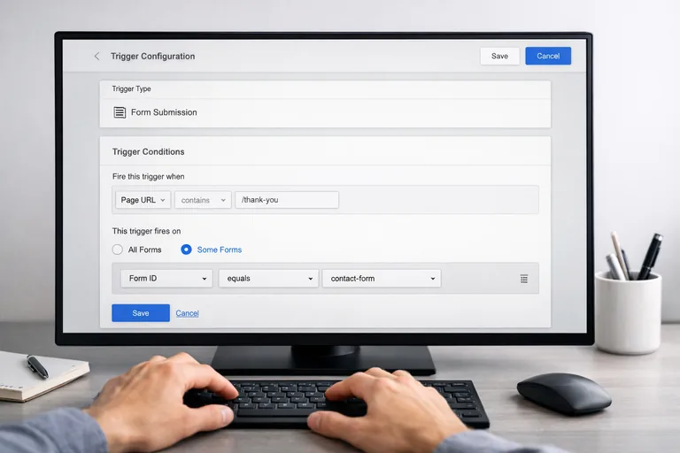 Bir etiket yönetim ekranında tetikleyiciler, koşullar ve form gönderimi olayı adım adım test ediliyor