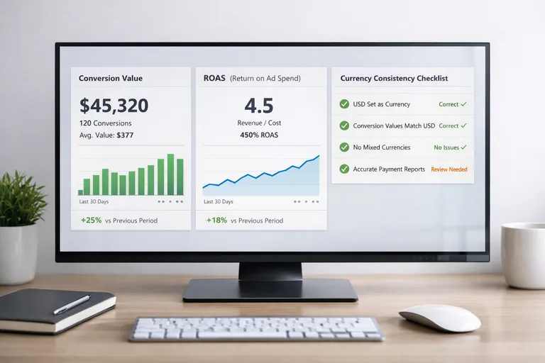 Bir raporlama panelinde dönüşüm değeri, ROAS ve para birimi tutarlılığı kontrol listesiyle doğrulanıyor