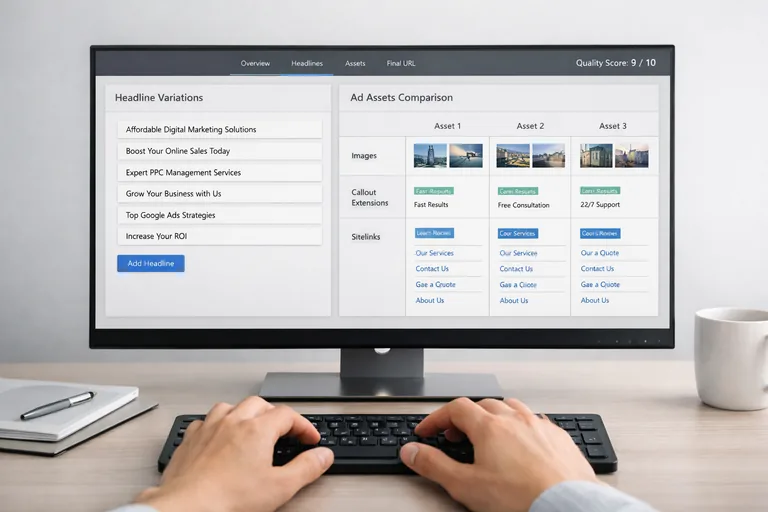 Bir reklam metni düzenleme ekranında başlık varyasyonları ve uzantılar yan yana karşılaştırılıyor