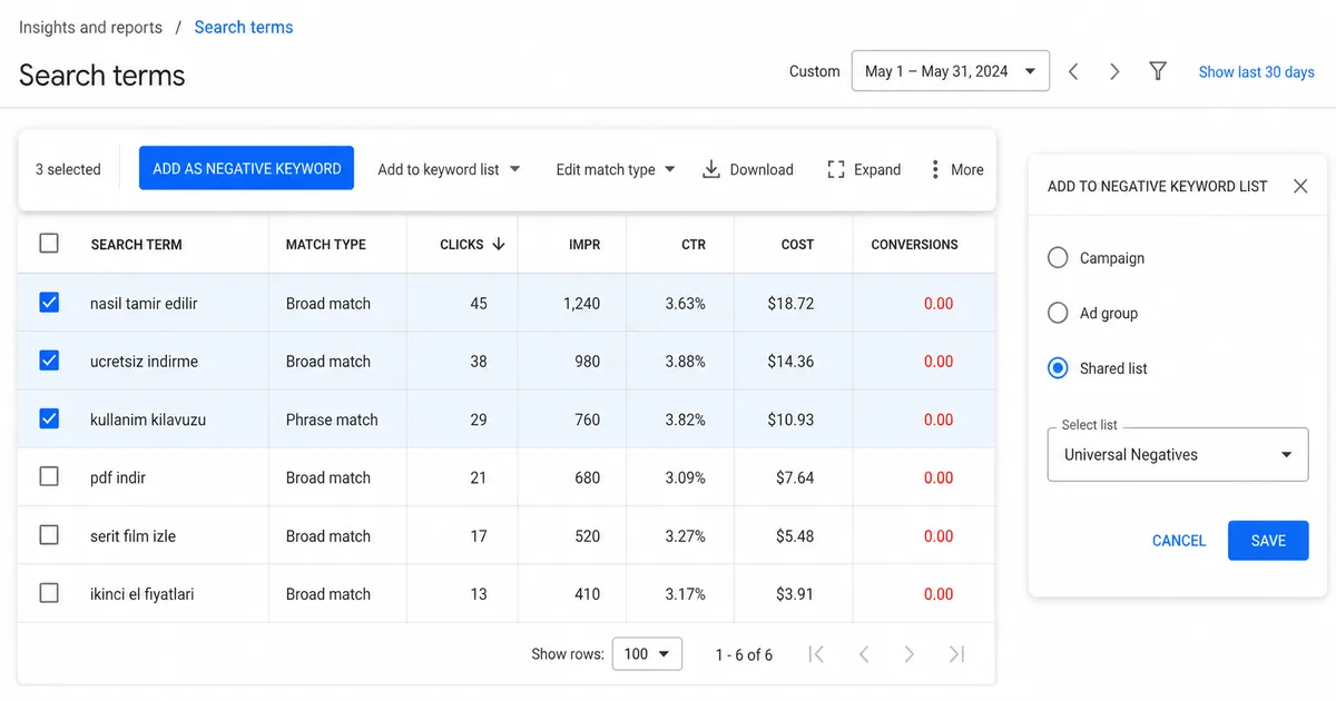 Search Terms raporundan negatif keyword ekleme akışı Google Ads Search Terms raporunda alakasız sorguların seçili kutuları ve Add as negative keyword aksiyon menüsü ile negatif liste tipi seçim diyaloğu