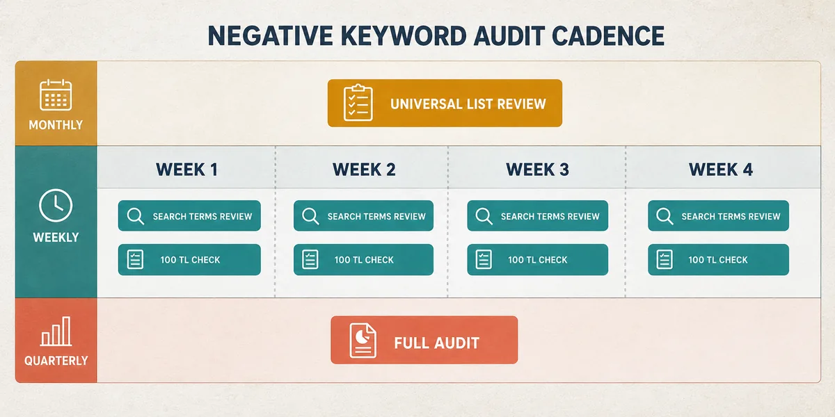 Negatif keyword denetim sıklığı zaman çizgisi Negatif keyword denetim takvimi mockup ekranında haftalık aylık çeyreklik aksiyon kartlarının zaman çizgisi üzerinde işaretlenmesi