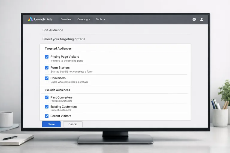 Niyete göre segmentleri ayrı hedefleyip mesajı uyarlamak Bir hedefleme ekranında fiyat sayfası ziyaretçileri, form başlatanlar ve dönüşüm yapanlar listeleri ayrı ayrı seçiliyor