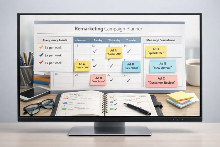 Frekans ve kreatif rotasyonunu planlaıp yorgunluğu azaltmak Bir kreatif plan ekranında farklı mesaj varyasyonları ve sıklık hedefleri bir takvim üzerinde planlanıyor