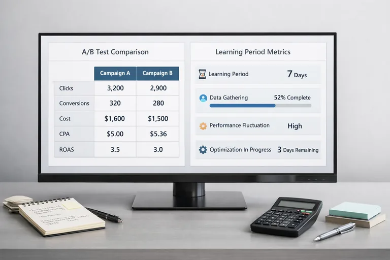 Test kurgusuyla stratejileri karşılaştırarak karar vermek Bir çalışma ekranında A/B test karşılaştırması ve öğrenme dönemi metrikleri tablo halinde izleniyor