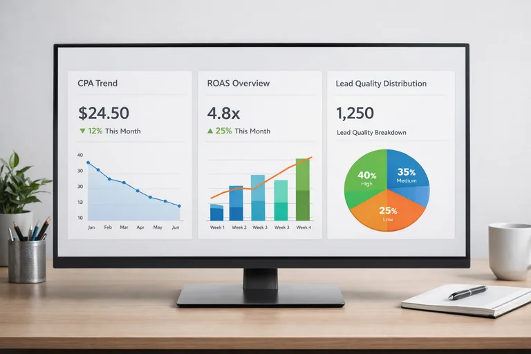 Hedef metrikleri lead kalitesiyle birlikte izlemek Bir raporlama ekranında CPA, ROAS ve lead kalite dağılımı aynı grafikte birlikte izleniyor
