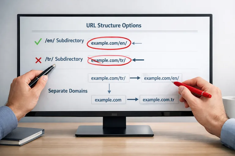 Bir teknik dokümanda URL mimarisi seçenekleri ve dil dizinleri şeması üzerinde işaretlemeler yapılıyor