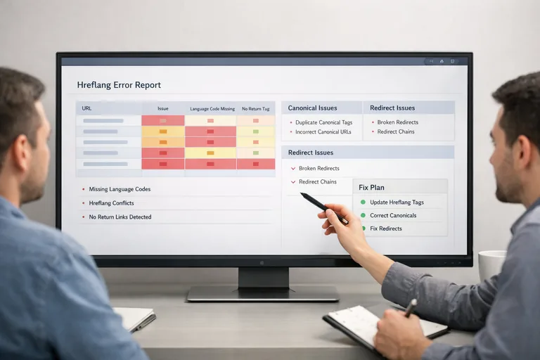 Bir ekip, hreflang hatalarını raporda incelerken canonical ve yönlendirme kurallarını yan yana karşılaştırıyor