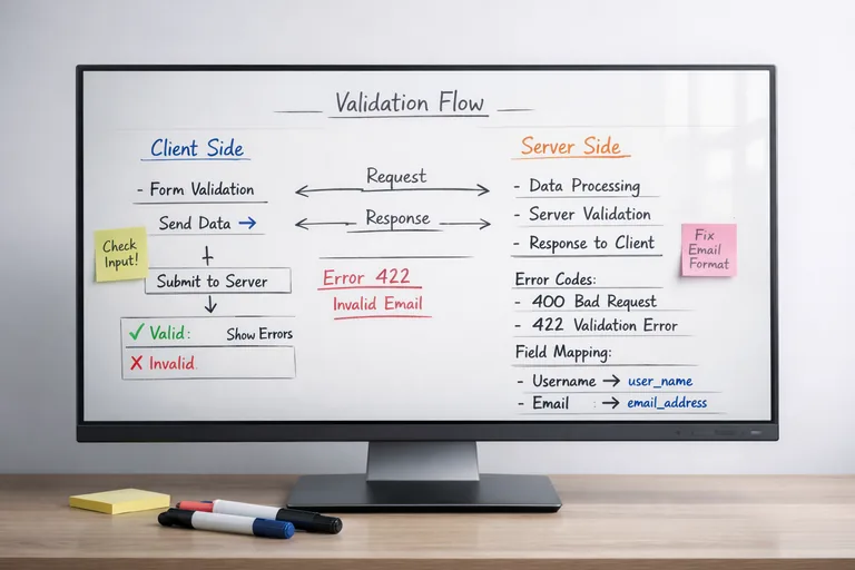 Hata kodlarının alanlara eşlendiği bir doğrulama akışı şeması ve kullanıcıya gösterilen mesaj kutuları