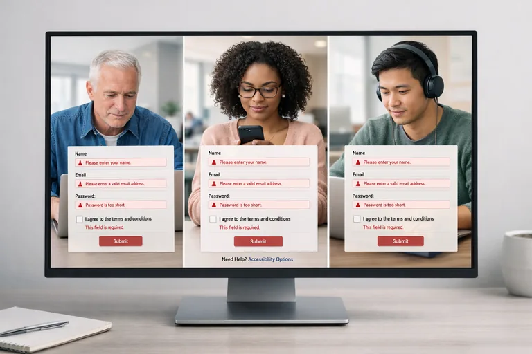 Farklı cihazlarda form dolduran kullanıcılar ve aynı doğrulama kurallarını uygulayan bir arayüz örüntüsü