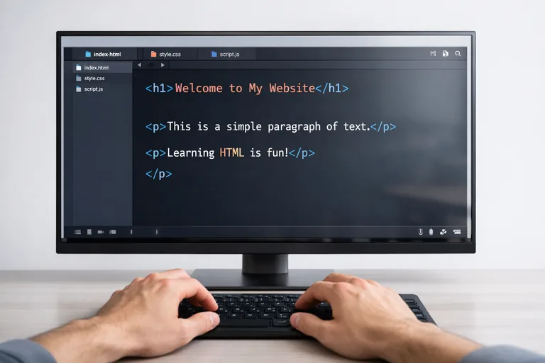 HTML paragraf ve başlık etiketlerinin kullanımı örneği Kod editöründe paragraf ve başlık etiketleri kullanılarak düzenlenen metin yapısı ile hazırlanmış örnek HTML belge düzeni