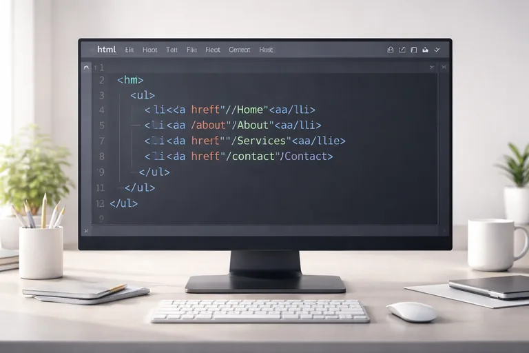HTML bağlantı ve liste etiketleri ile menü yapısı Bir web sayfasında bağlantılar ve menü yapısını oluşturan HTML anchor ve liste etiketlerinin kod editöründe düzenlenmesi